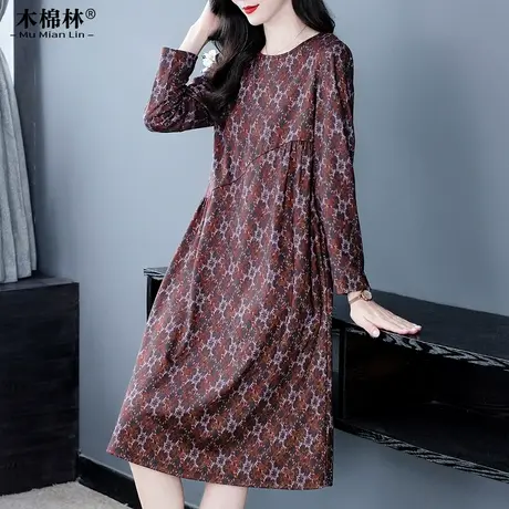 加肥加大宽松碎花连衣裙秋冬胖mm洋气显瘦中年妈妈过膝长袖打底裙商品大图