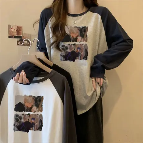 chic复古港味长袖T恤女秋冬内搭打底衫德绒加厚加绒插肩袖上衣潮商品大图