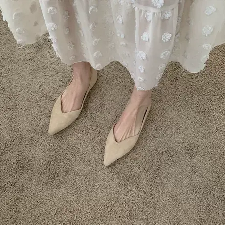 尖头平底单鞋女2022新款夏季绒面工作百搭浅口舒适奶奶鞋豆豆瓢鞋商品大图