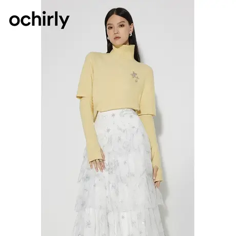 【七七酱专享】 欧时力 羊毛可拆袖毛衣 新款秋装高领胸针设计感图片