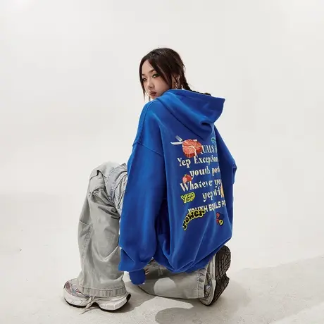 YEP多巴胺穿搭复古克莱因蓝加绒连帽卫衣女秋冬复古潮牌宽松外套图片