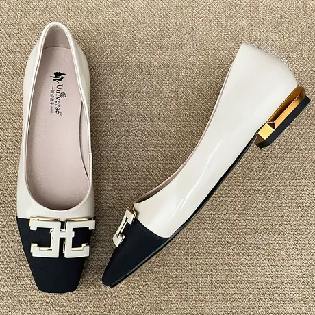 拼色低跟浅口羊皮单鞋女平底小方头时尚金属搭扣软面软底舒适百搭商品大图