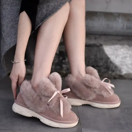 Artmu韩版蝴蝶结毛毛鞋加绒棉鞋兔耳朵真毛雪地靴保暖女靴子清仓商品大图