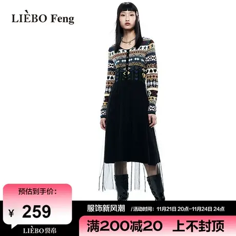 裂帛LIEBOFeng设计师品牌ins复古彩条修身网纱毛织拼接长袖连衣裙图片