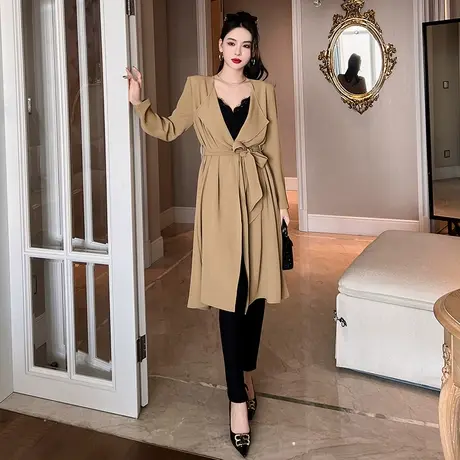 高端韩系一片式系带小个子风衣外套女2025年新款修身百搭气质大衣商品大图