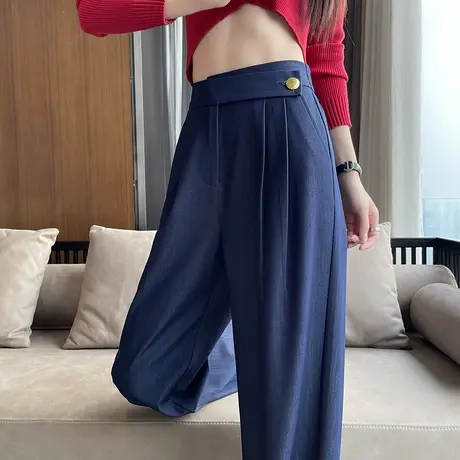 天丝牛仔阔腿裤女2025年春夏新款深蓝色高腰垂感宽松直筒休闲裤子图片