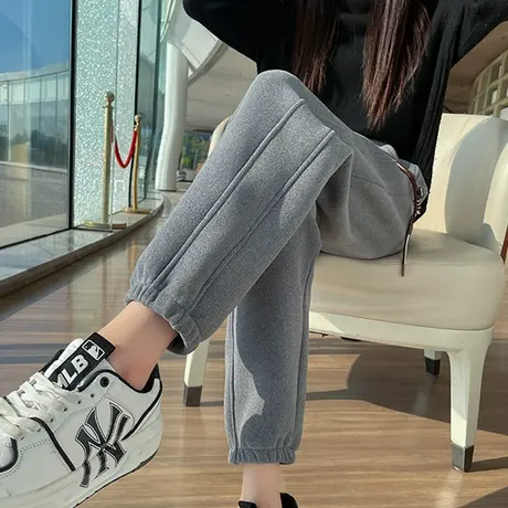 灰色加绒束脚运动裤女冬季宽松高腰显瘦直筒卫裤小个子休闲哈伦裤商品大图