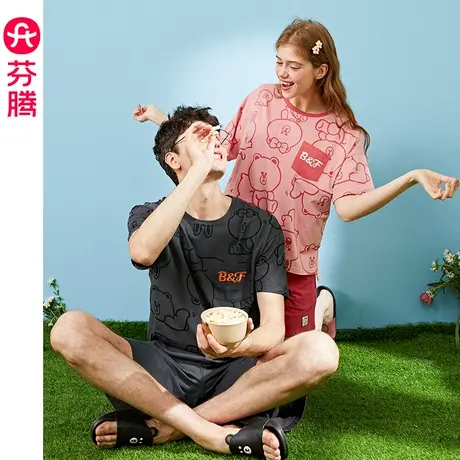 芬腾情侣睡衣短袖女纯棉薄款夏布朗熊套头男士大码全棉家居服套装图片