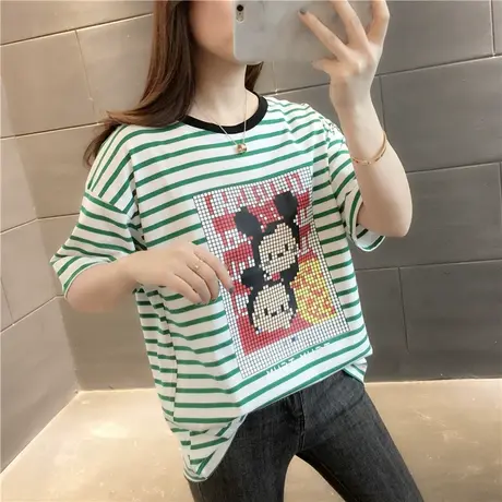 条纹卡通短袖t恤女2023夏季新款女装宽松半袖体恤上衣韩版打底ins图片