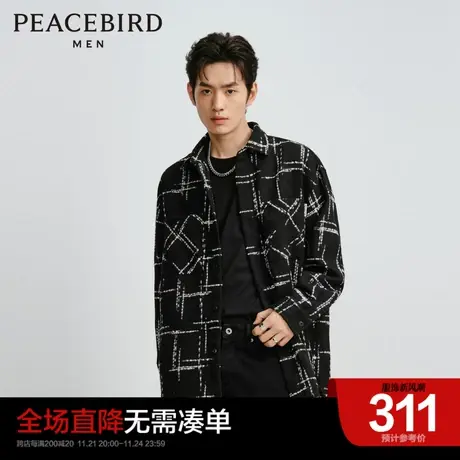 太平鸟男装奥莱春季编织花呢长袖外穿式衬衫男士格子小香风外套商品大图