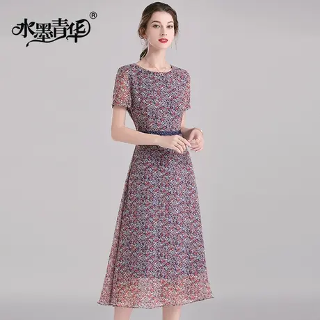 【1件7.9折】时尚短袖雪纺连衣裙夏季新款连身裙收腰显瘦印花裙子商品大图