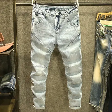 夏天浅色水洗复古牛仔裤男潮牌修身小脚裤子韩版精神小伙男裤薄款图片