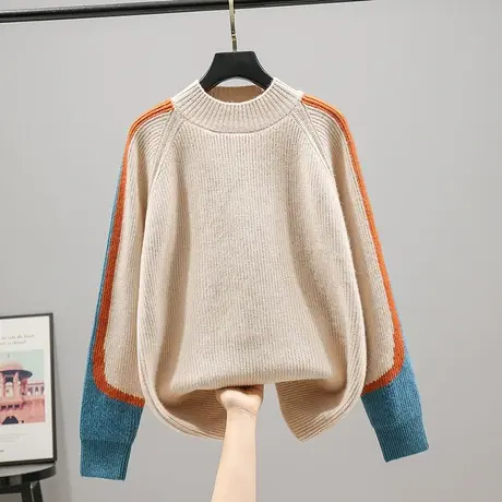2023春季新款韩版宽松半高领针织衫长袖套头毛衣女拼色打底衫上衣商品大图