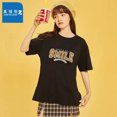 真维斯Z+夏季女款宽松休闲纯棉上衣潮流街头字母印花短袖女式T恤图片