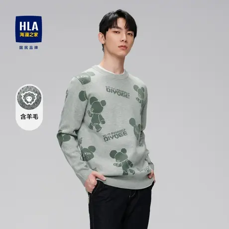 HLA/海澜之家Qee联名针织衫秋冬季绵羊毛圆领提花保暖毛衣上衣男图片