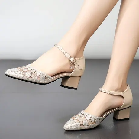 2023夏季新款时尚真皮中跟大码凉鞋41一43 潮百搭包头镂空网纱鞋商品大图