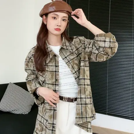 尔给设计感慵懒风美式复古格子衬衫外套2023新款女长袖衬衣小个子图片