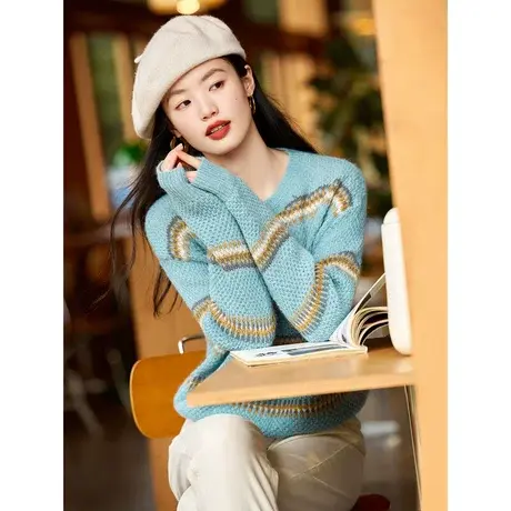 时尚气质2023年秋季新款女装长袖圆领百搭温柔宽松长袖套头毛衣商品大图