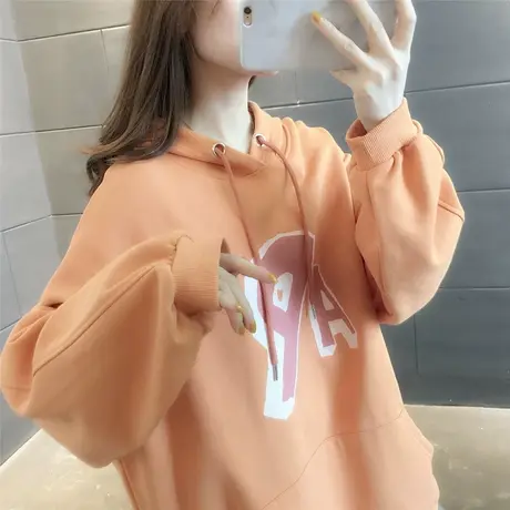 超火cec卫衣女宽松连帽春秋薄款慵懒风中长款潮流印花洋气上衣图片