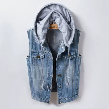 春秋韩版牛仔马甲女中长宽松显瘦新款无袖大码外套BF风背心浅带帽图片