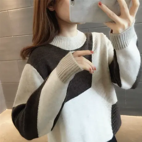 半高领毛衣女秋冬2023年新款加厚拼色套头针织上衣爆款宽松打底衫商品大图