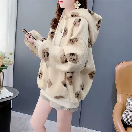 oversize加绒羊羔毛卫衣外套女2023年秋冬新款宽松高级感流行上衣商品大图