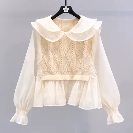 法式娃娃领针织拼接雪纺衬衫女春季2023年新款甜美减龄假两件上衣图片