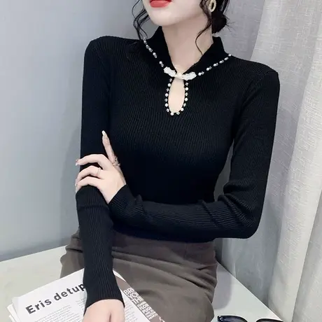 复古气质毛衣女2023春秋新款时尚旗袍领打底衫百搭显瘦针织上衣服图片