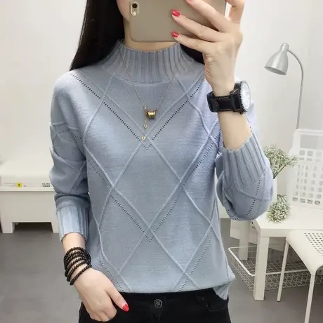 半高领套头毛衣女2022秋冬新款宽松长袖打底衫加厚开叉短款针织衫商品大图