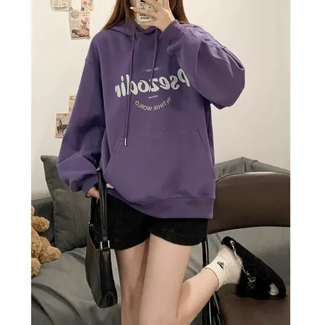 美式连帽卫衣女款2023新款爆款小个子外套韩系慵懒风秋冬加绒上衣图片