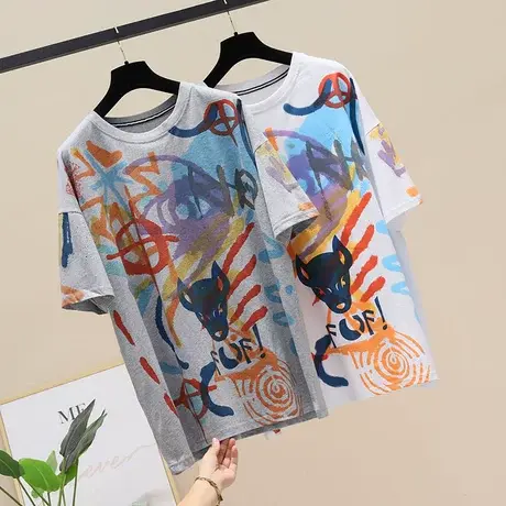 2023春夏新品女装涂鸦短袖t恤个性圆领印花潮牌时尚上衣大版T恤潮商品大图