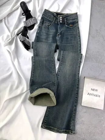 复古磨白排扣牛仔喇叭裤女2023冬季薄绒高腰微喇裤弹力包臀马蹄裤商品大图