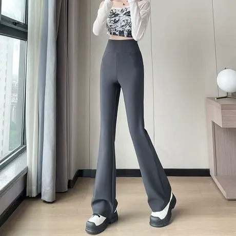 灰色外穿芭比鲨鱼喇叭裤女春秋季弹力高腰收腹提臀健身微喇瑜伽裤图片
