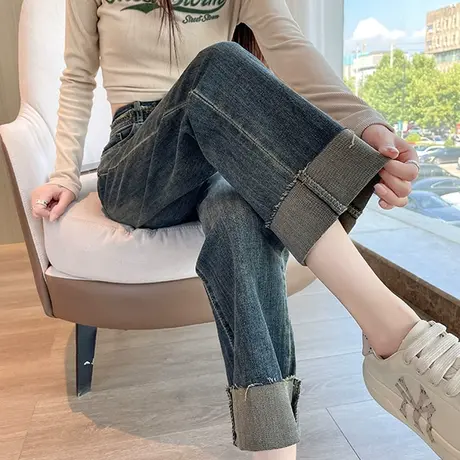 卷边直筒牛仔裤女2023年秋季新款高腰显瘦宽松法棍小个子烟管裤子商品大图