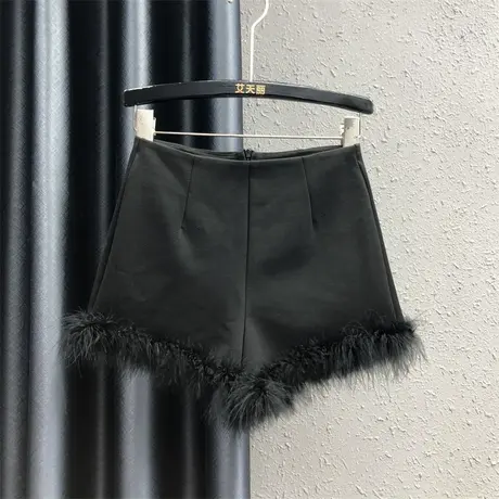 欧货辣妹风阔腿裤女2023秋冬新款黑色毛毛设计感洋气百搭休闲短裤商品大图