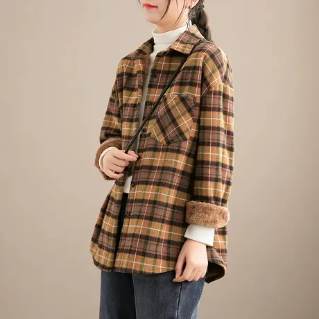 DZA 文艺复古格子加绒衬衫女士长袖内搭上衣新款冬季百搭加厚衬衣图片