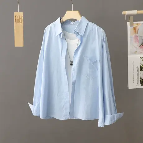 网红盐系炸街蓝色衬衫女外套秋季2024新款衬衣小众短款宽松上衣女商品大图