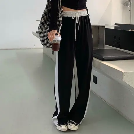运动裤女夏季薄款宽松小个子阔腿高腰显瘦直筒休闲拖地长裤潮ins图片