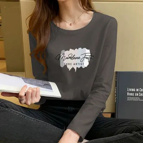 早春新款长袖t恤女纯棉百搭宽松洋气打底衫2023年春季印花上衣服图片