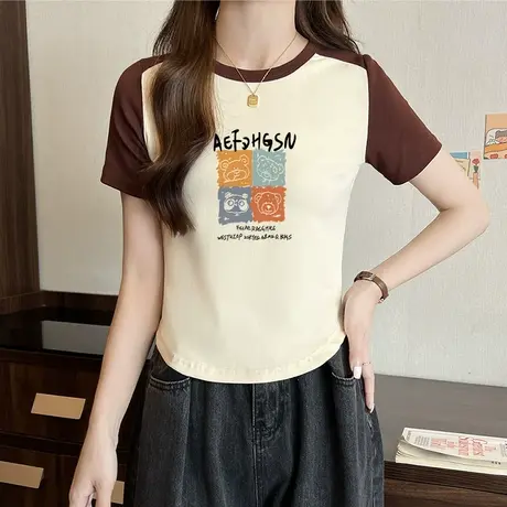 2023新款撞色插肩袖短袖正肩t恤女夏季修身辣妹短款洋气减龄上衣图片