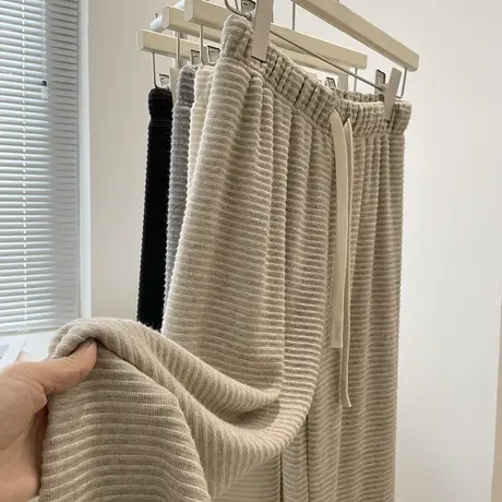 慵懒风横条纹垂感阔腿裤！秋冬高腰显瘦小个子灰色直筒休闲长裤女图片