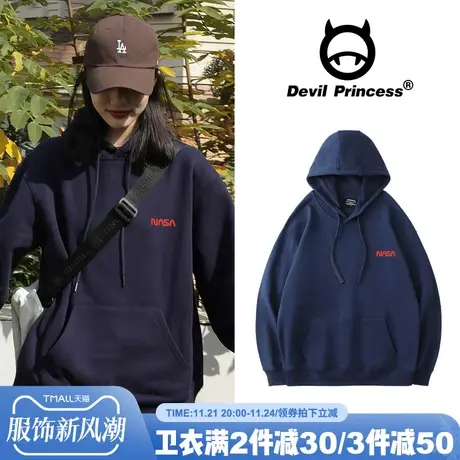 国潮牌美式复古hiphop长袖情侣藏蓝卫衣女潮ins宽松bf慵懒风上衣商品大图