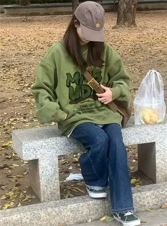 超火cec绿色薄款卫衣女大码休闲显瘦宽松外套ins潮牌复古减龄上衣商品大图