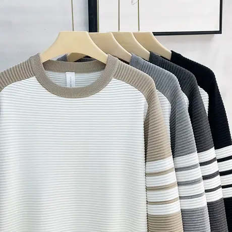 加厚潮流宽松圆领毛衣男2023秋冬季美式休闲条纹拼接中领针织衫男商品大图