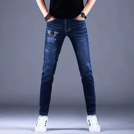 男士刺绣牛仔裤男款百搭裤子男2023新款秋冬高端潮牌休闲修身小脚商品大图