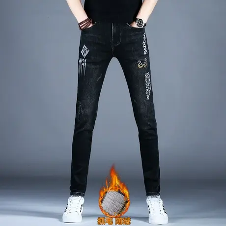 男士新款加绒加厚牛仔裤男潮牌秋冬修身烫钻小脚裤子抓毛保暖薄绒商品大图