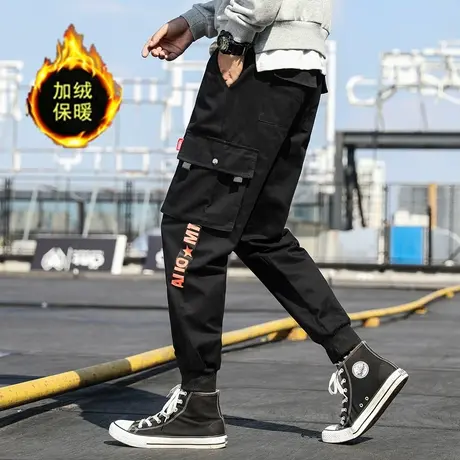 黑色工装裤男秋冬款加绒加厚哈伦裤宽松休闲潮流百搭运动束脚长裤商品大图