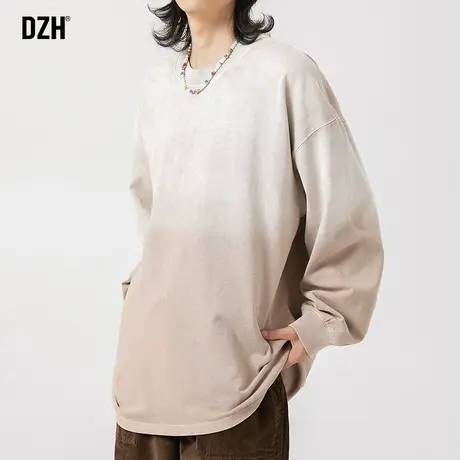 男士渐变色重磅长袖t恤男秋季纯棉圆领卫衣男款美式男装2023新款图片