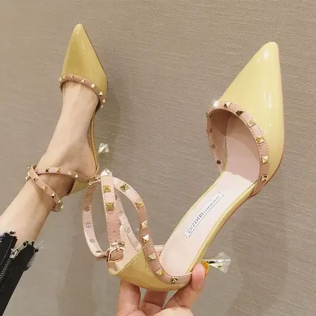 高跟鞋女细跟2024年新款夏季铆钉尖头中空凉鞋职业一字带百搭性感商品大图