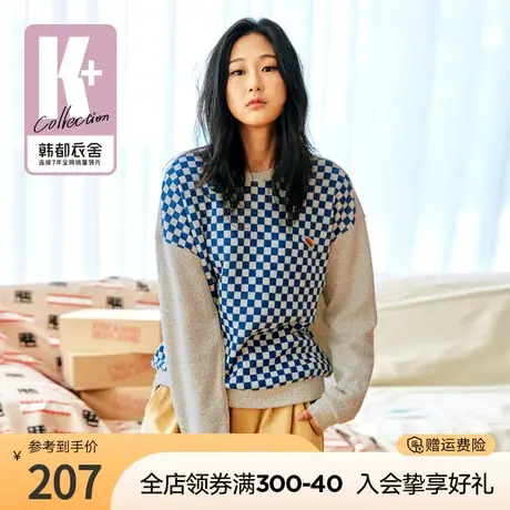 韩都衣舍毛衣女秋冬新款女装棋盘格上衣宽松复古套头毛针织衫商品大图